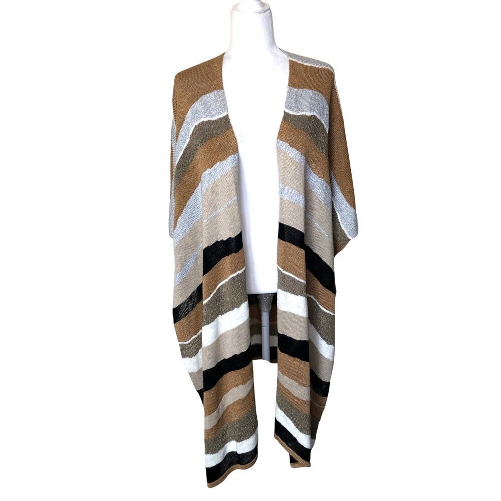 Chico's Striped Open Front Poncho Kimono Cardigan Sweater Neutral One Size Fall
